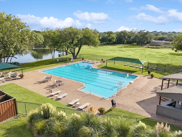 view of pool featuring a gazebo, a lawn, a water view, and a patio