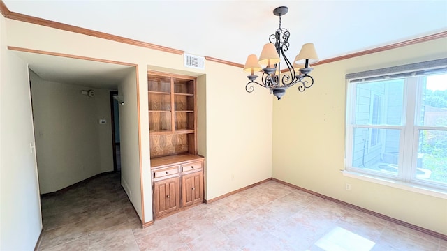 unfurnished dining area with ornamental molding and a notable chandelier