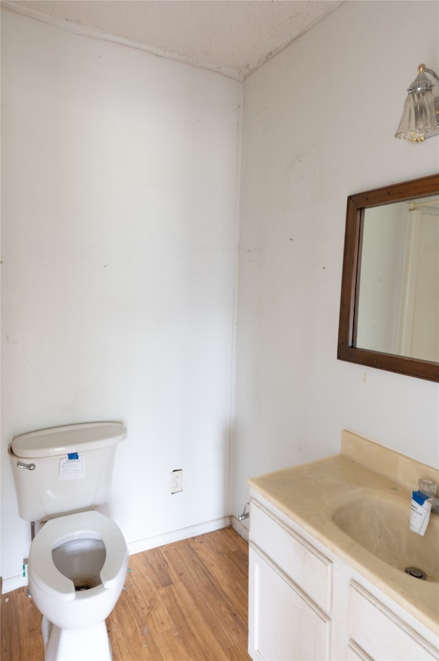 bathroom with vanity, toilet, and wood-type flooring