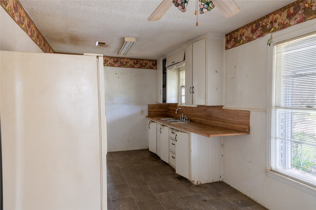 kitchen with sink, white cabinets, ceiling fan, and plenty of natural light