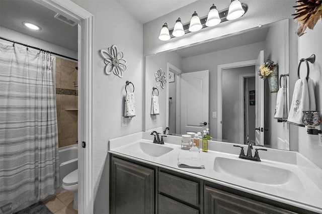 full bathroom with toilet, shower / bath combination with curtain, vanity, and tile patterned flooring