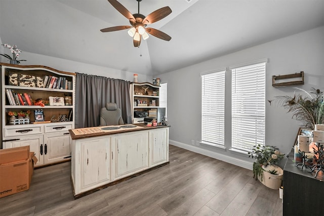 office with ceiling fan, lofted ceiling, and hardwood / wood-style floors