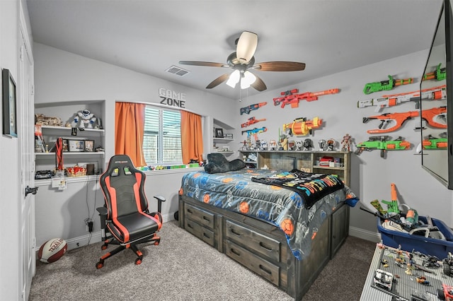 bedroom with dark carpet and ceiling fan