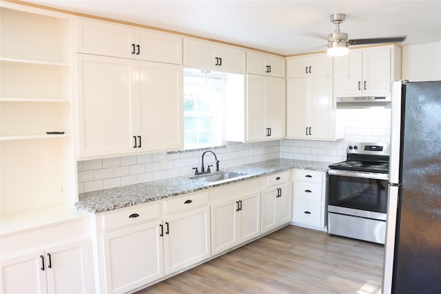 kitchen with decorative backsplash, refrigerator, sink, electric stove, and white cabinets