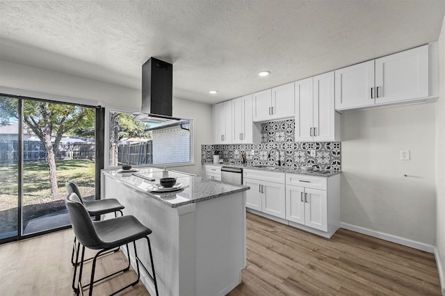 kitchen featuring white cabinets, dishwasher, light wood-type flooring, and range hood