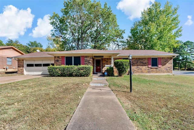 ranch-style house featuring a garage, a front yard, driveway, and brick siding