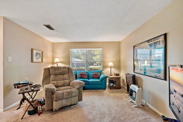 living area with a textured ceiling, heating unit, and light colored carpet