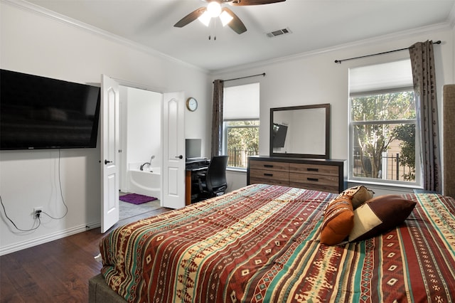 bedroom with dark hardwood / wood-style floors, ceiling fan, crown molding, and multiple windows