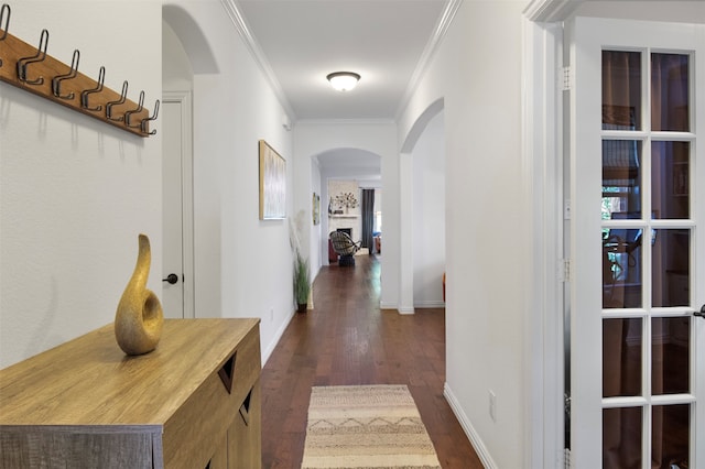 corridor with dark hardwood / wood-style flooring and ornamental molding