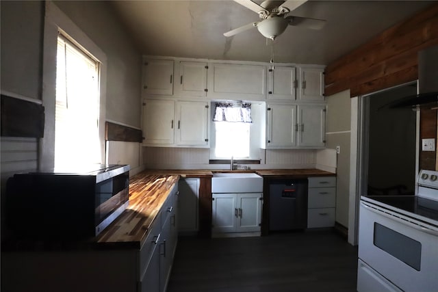 kitchen featuring sink, wooden counters, dishwasher, white range with electric cooktop, and white cabinets