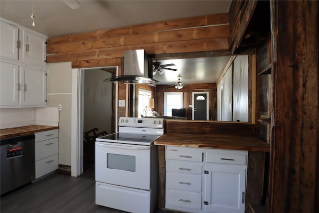 kitchen with extractor fan, white electric stove, white cabinetry, dishwasher, and wooden counters