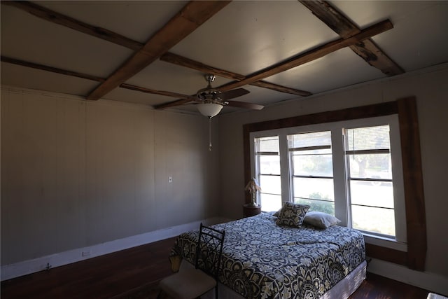 bedroom featuring coffered ceiling, ceiling fan, and dark hardwood / wood-style floors