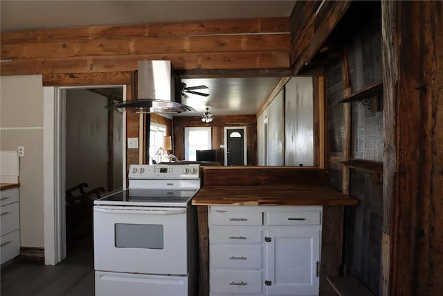 kitchen with white range with electric stovetop, white cabinetry, butcher block counters, exhaust hood, and ceiling fan