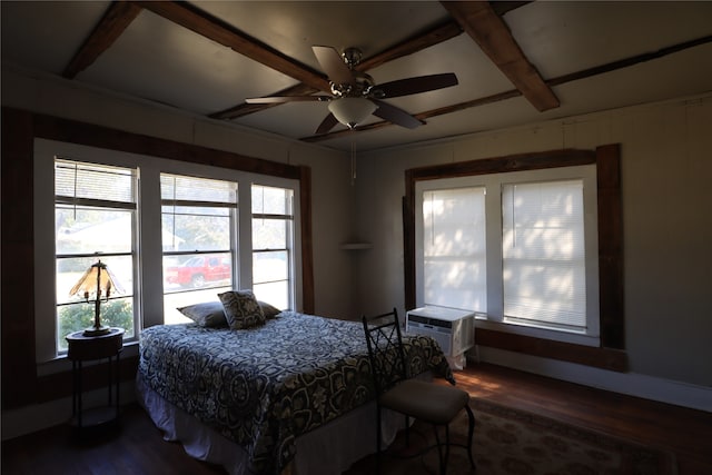 bedroom with beamed ceiling, ceiling fan, dark hardwood / wood-style flooring, and multiple windows