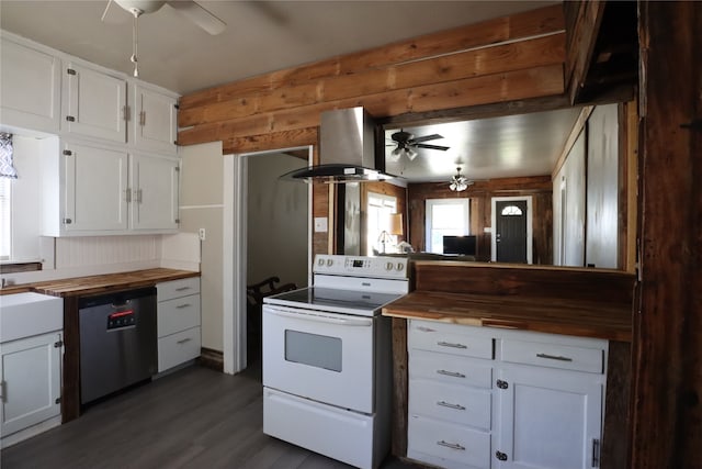 kitchen featuring white cabinetry, electric range, ventilation hood, and dishwasher