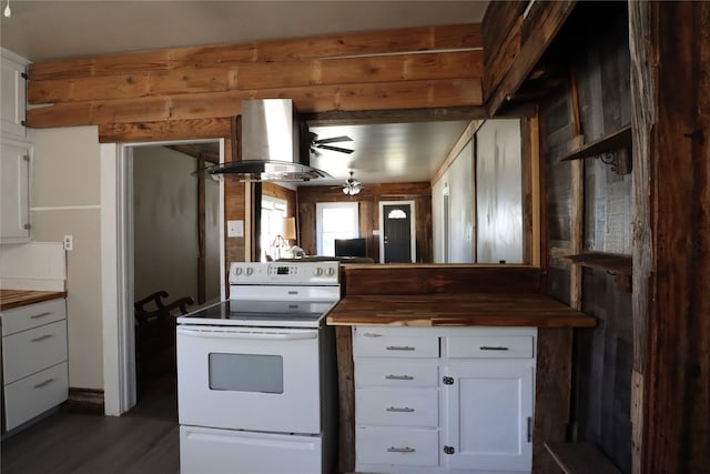 kitchen with wood counters, ceiling fan, electric stove, island exhaust hood, and white cabinets