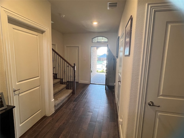 entryway with dark wood-type flooring