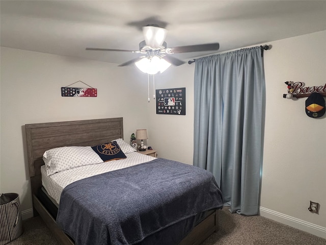 bedroom with dark carpet and ceiling fan