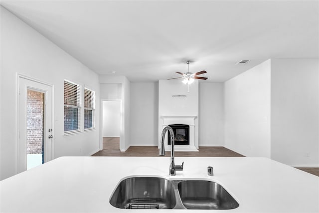 kitchen featuring sink, wood-type flooring, and ceiling fan