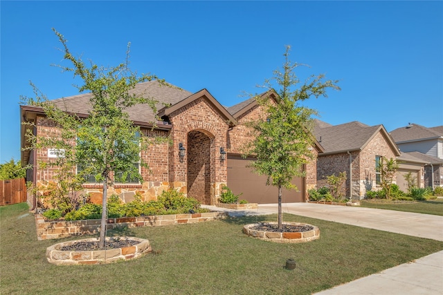 view of front of home featuring a front yard and a garage