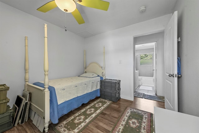 bedroom featuring dark hardwood / wood-style floors and ceiling fan