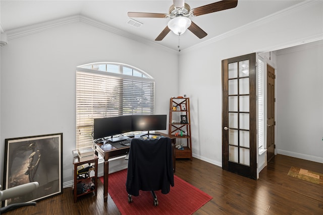 office space featuring crown molding, french doors, dark wood-type flooring, and lofted ceiling