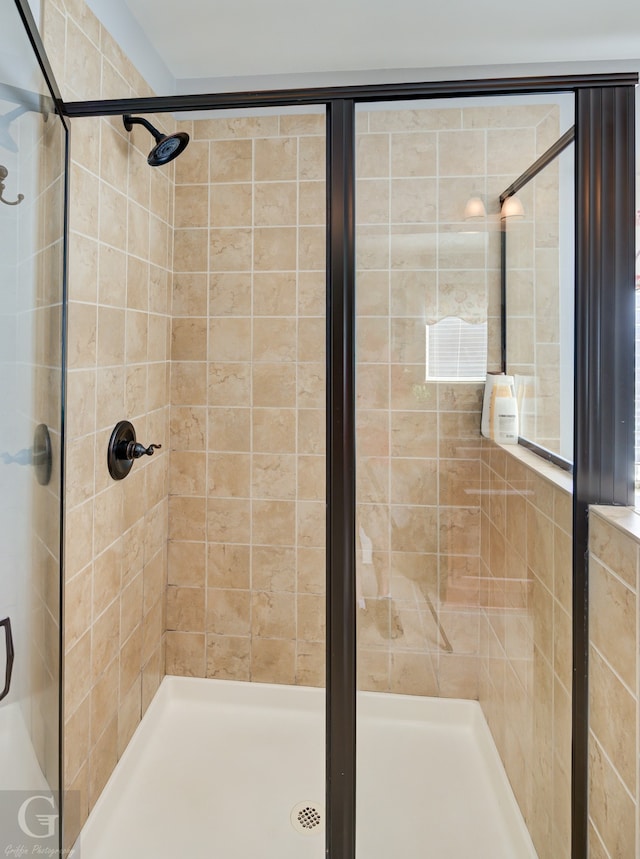 bathroom featuring a shower with shower door