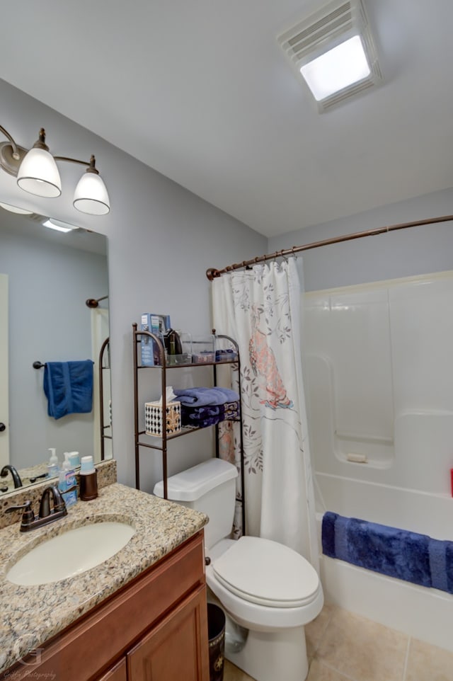 full bathroom featuring toilet, shower / tub combo, vanity, and tile patterned flooring