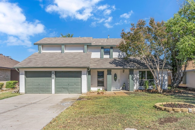 front facade featuring a garage and a front lawn