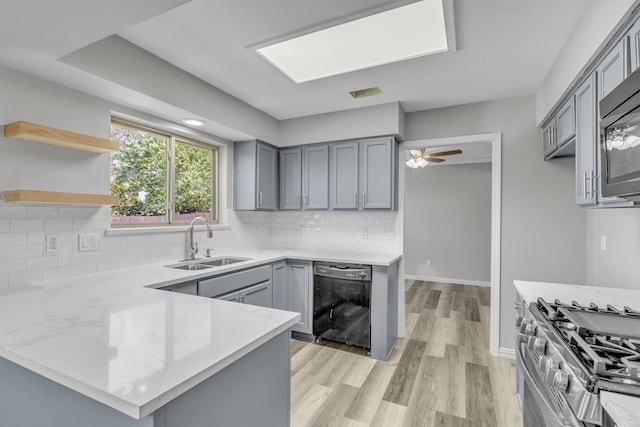 kitchen with gray cabinets, sink, kitchen peninsula, and stainless steel appliances