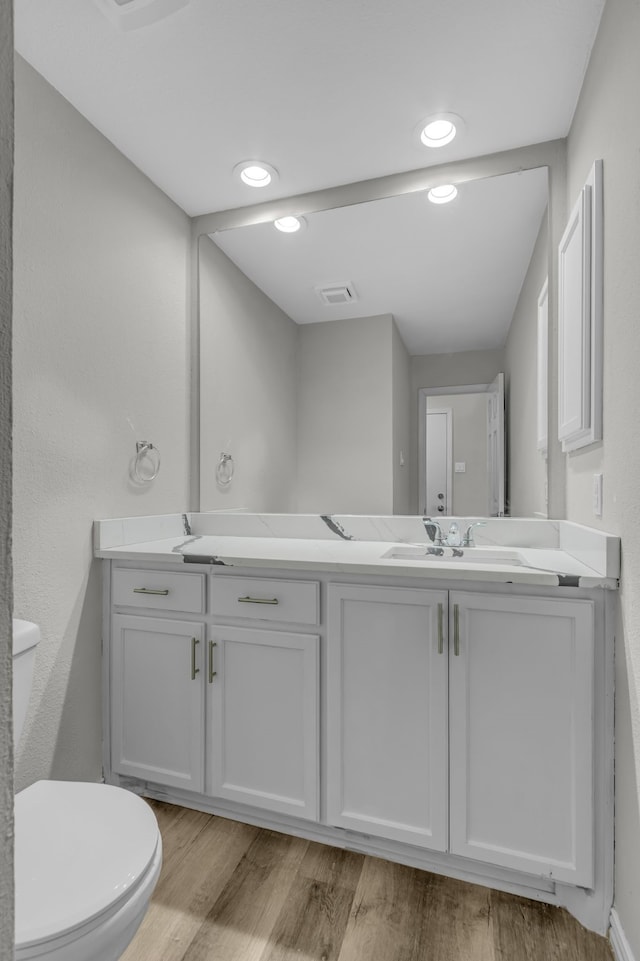 bathroom featuring vanity, toilet, and wood-type flooring