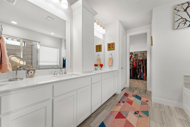 bathroom with vanity and a shower