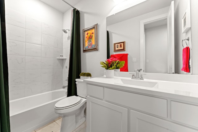 full bathroom featuring toilet, shower / tub combo with curtain, and vanity