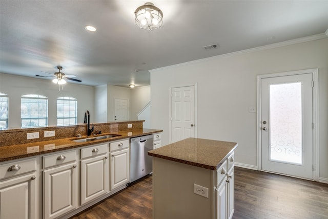 575 S Virginia Hills Dr Unit 3004, Mckinney, TX 75072 - kitchen featuring stainless steel dishwasher, a sink, ceiling fan, dark wood-style floors, and ornamental molding