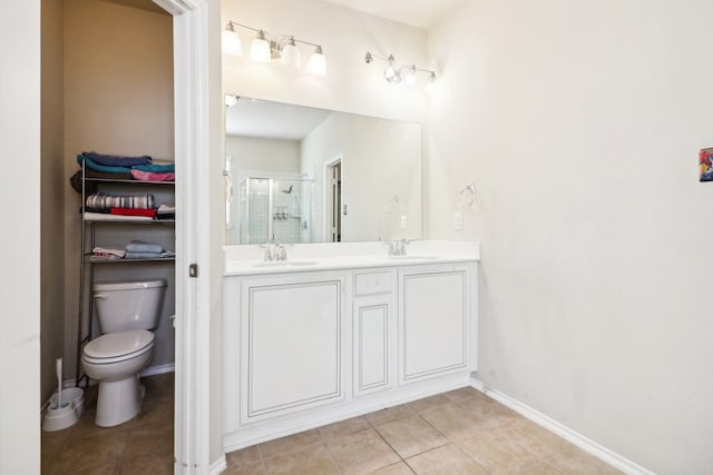 bathroom featuring vanity, toilet, tile patterned flooring, and an enclosed shower