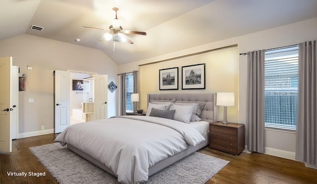 3123 Pamplona, Grand Prairie, TX 75054 - bedroom featuring lofted ceiling, baseboards, dark wood-style flooring, and ceiling fan