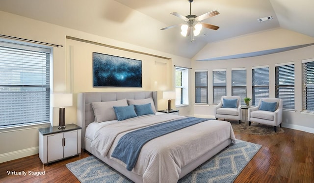 3123 Pamplona, Grand Prairie, TX 75054 - bedroom with vaulted ceiling, dark wood-style flooring, baseboards, and a ceiling fan
