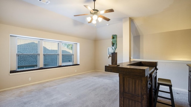 3123 Pamplona, Grand Prairie, TX 75054 - bar with ceiling fan, carpet, baseboards, and lofted ceiling