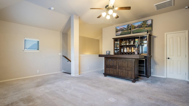 3123 Pamplona, Grand Prairie, TX 75054 - indoor dry bar featuring carpet floors, a ceiling fan, and baseboards