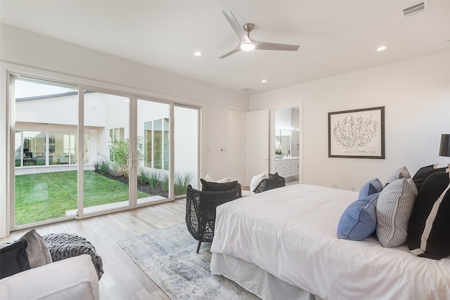 bedroom with light hardwood / wood-style floors, multiple windows, access to exterior, and ceiling fan