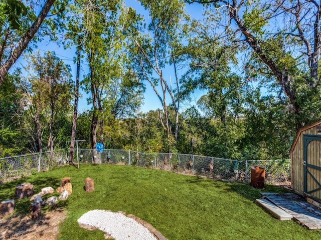 view of yard featuring a storage unit