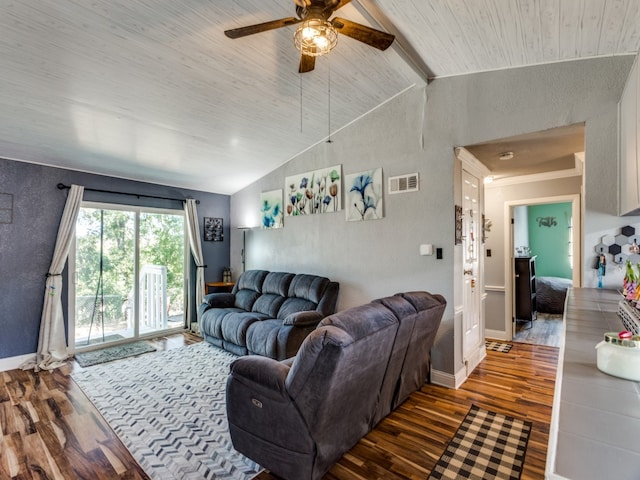 living room featuring ceiling fan, wooden ceiling, dark hardwood / wood-style flooring, and vaulted ceiling with beams