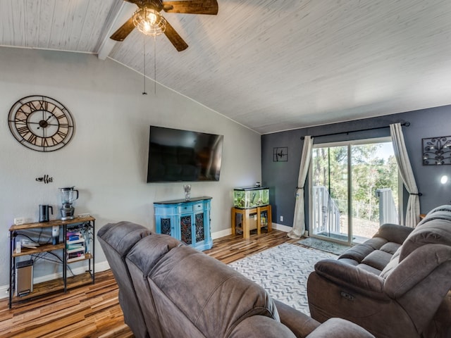 living room with vaulted ceiling with beams, hardwood / wood-style floors, wooden ceiling, and ceiling fan