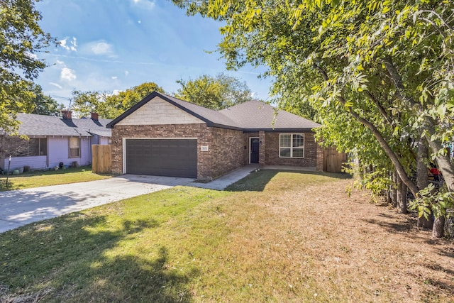 single story home featuring a front yard and a garage