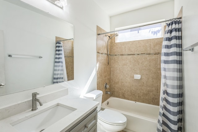 full bathroom with vanity, toilet, and shower / bathtub combination with curtain