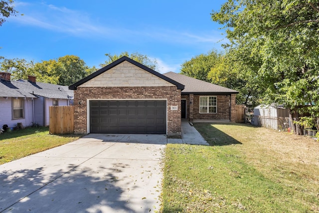 ranch-style house with a front yard and a garage