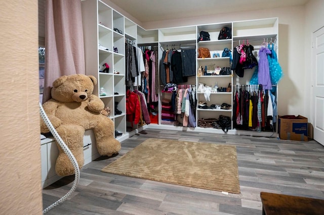 walk in closet with hardwood / wood-style floors