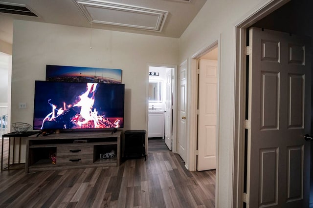 living room with dark hardwood / wood-style flooring