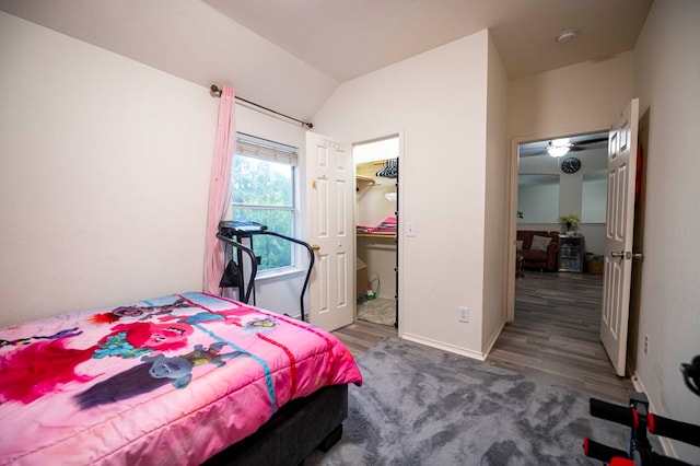 bedroom featuring dark wood-type flooring, vaulted ceiling, a walk in closet, and a closet