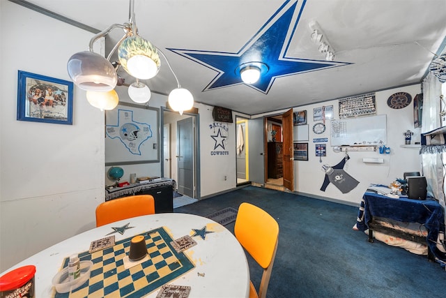 dining space with dark carpet